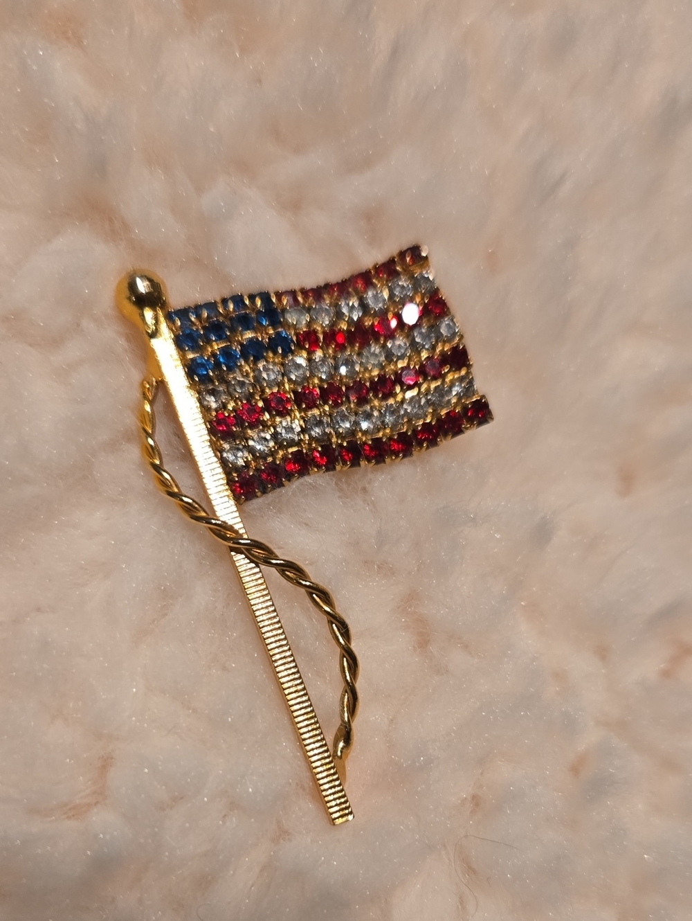 Gold-Plated American Flag Brooch With Red, White & Blue Rhinestones